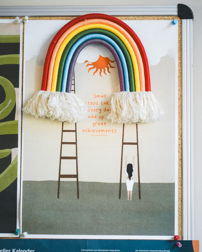 Ein gebastelter Regenbogen auf einem Plakat an der Wand des Klassenzimmers.